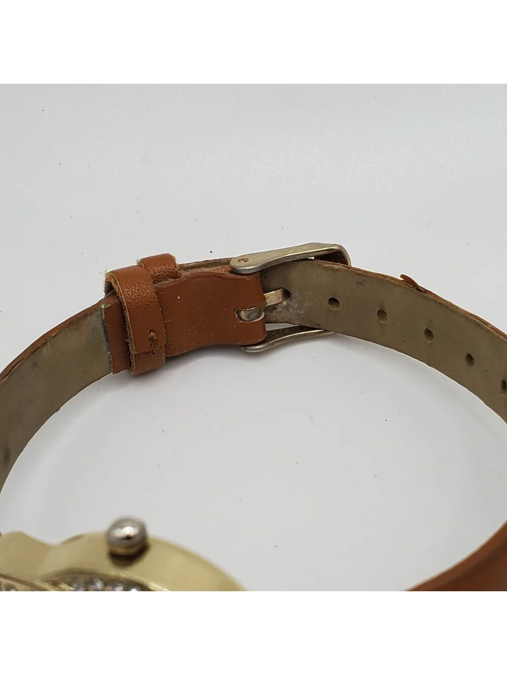 Metaphor Rhinestone Quartz Watch Women 26mm Gold Tone Brown Band New Battery